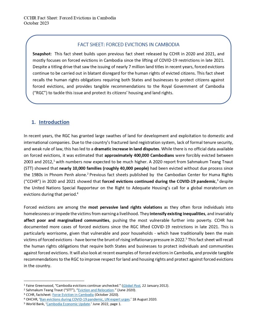 FACT SHEET: FORCED EVICTIONS IN CAMBODIA