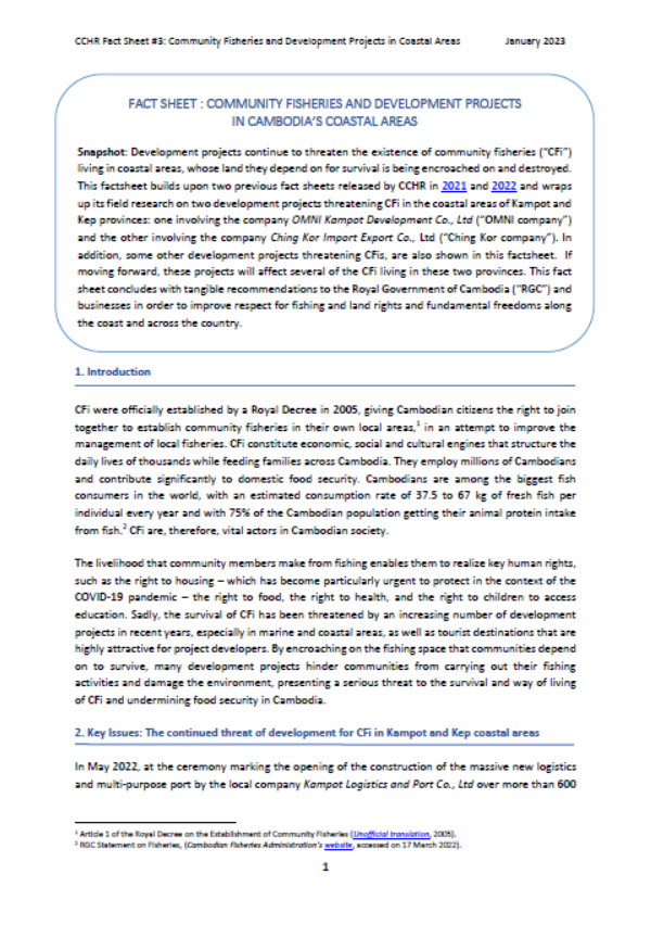 FACT SHEET : COMMUNITY FISHERIES AND DEVELOPMENT PROJECTS  IN CAMBODIA’S COASTAL AREAS
