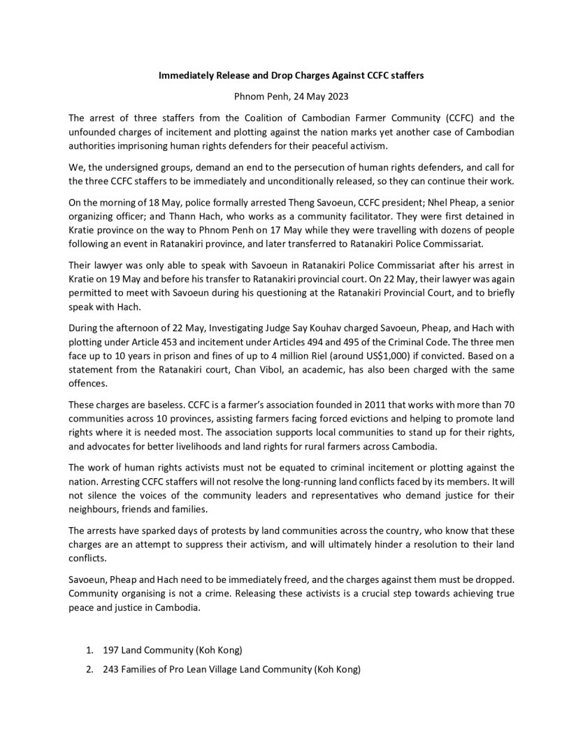 Immediately Release and Drop Charges Against CCFC staffers