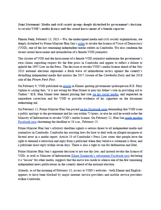 Joint Statement: Media and civil society groups deeply disturbed by government’s decision to revoke VOD’s media license and the sexual harassment of a female reporter 
