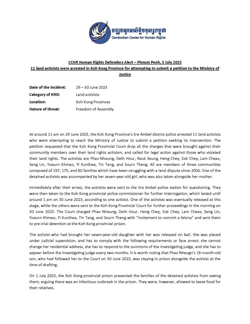 CCHR Human Rights Defenders Alert – Phnom Penh, 3 July 2023 11 land activists were arrested in Koh Kong Province for attempting