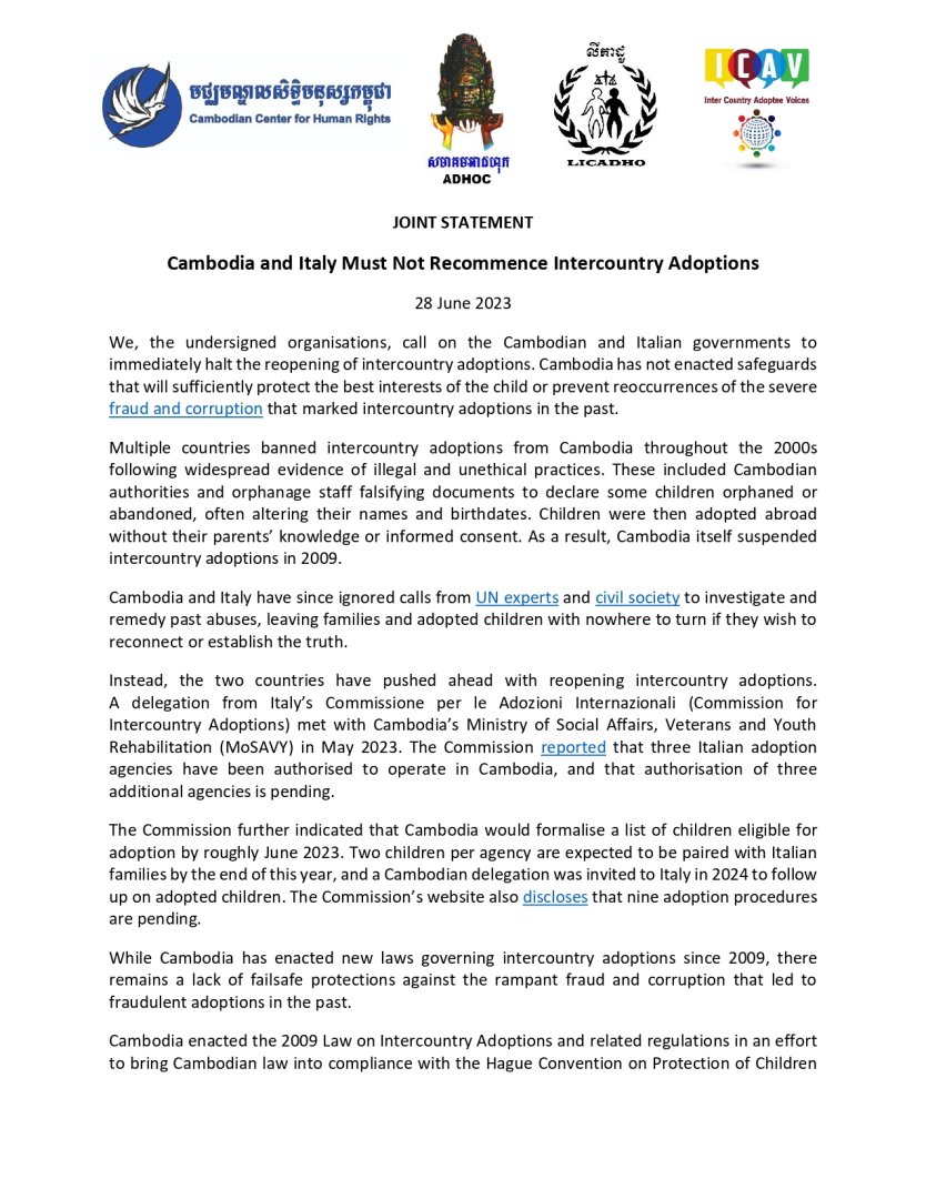 JOINT STATEMENT  Cambodia and Italy Must Not Recommence Intercountry Adoptions / DICHIARAZIONE CONGIUNTA  Cambogia e Italia non riaprano le adozioni internazionali