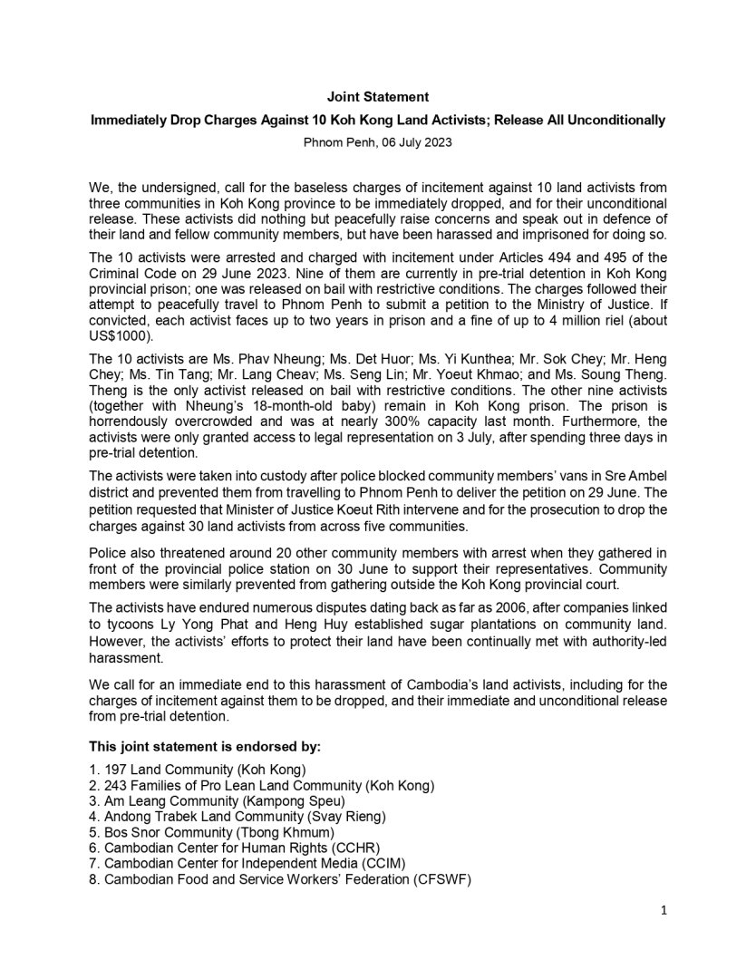 Joint Statement Immediately Drop Charges Against 10 Koh Kong Land Activists; Release All Unconditionally