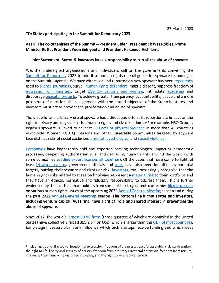 Joint Statement: States &amp; investors have a responsibility to curtail the abuse of spyware