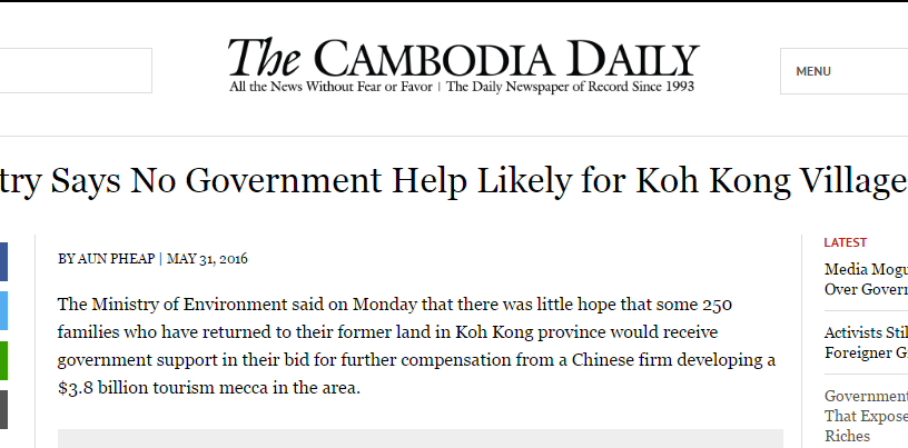 Ministry Says No Government Help Likely for Koh Kong Villagers